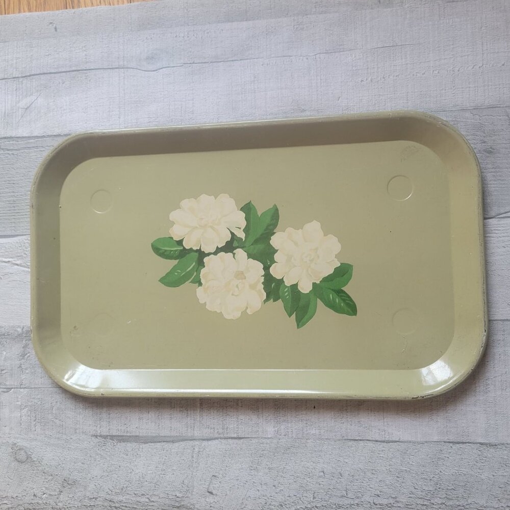 Vintage Rectangular Metal Floral Serving Tray With White Flowers & Green Leaves